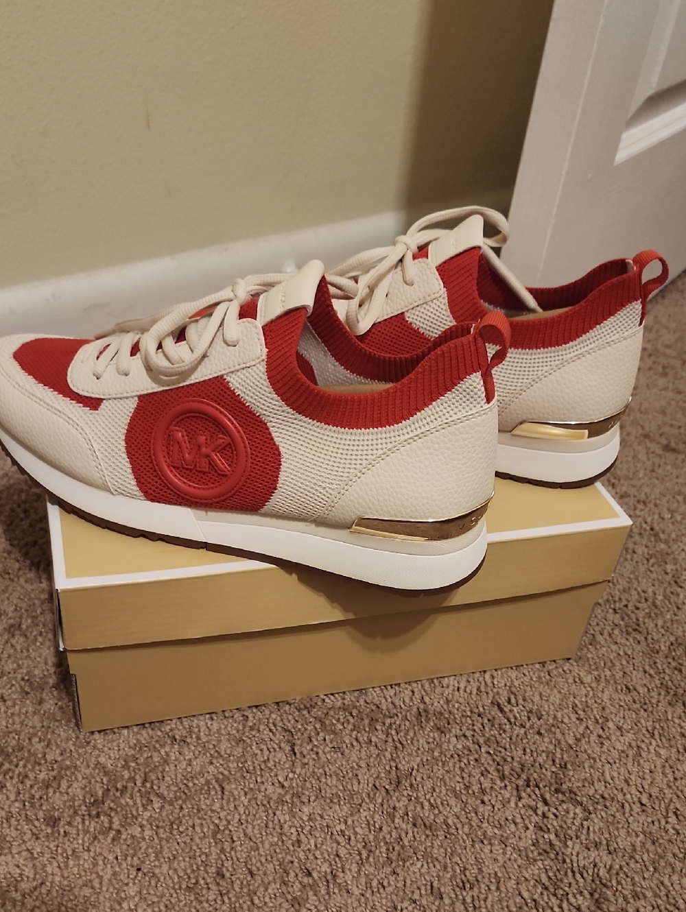 Michael Kors Cream and DK Sangria Logo Knit Sneakers
